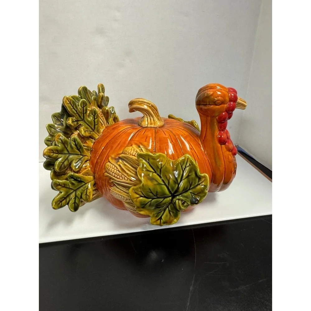 Ceramic Turkey Pumpkin‎ Figurine Thanksgiving Harvest Decor Glazed Centerpiece